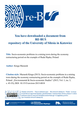 Title: Socio-Economic Problems in a Mining Town During the Economy Restructuring Period on the Example of Ruda Śląska, Poland
