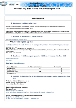 Epidemiological Update Health Cluster