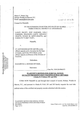 PLAINTIFF's MOTION for JUDICIAL NOTICE of FACTS PREMISED UPON CERTIFIED PUBLIC RECORDS (Alaska R