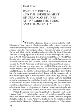 Omeljan Pritsak and the Establishment of Ukrainian Studies at Harvard: the Vision and the Actuality