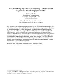 Pick Your Language: How Riot Reporting Differs Between English and Hindi Newspapers in India*