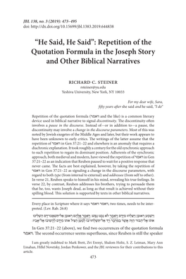 Repetition of the Quotation Formula in the Joseph Story and Other Biblical Narratives