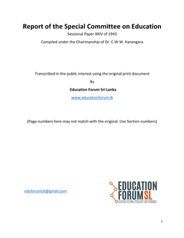 Report of the Special Committee on Education Sessional Paper XXIV of 1943 Compiled Under the Chairmanship of Dr