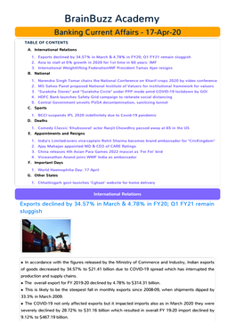 Banking Current Affairs - 17-Apr-20 TABLE of CONTENTS A