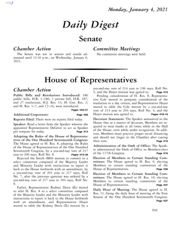 Daily Digest Senate Chamber Action Committee Meetings the Senate Was Not in Session and Stands Ad- No Committee Meetings Were Held