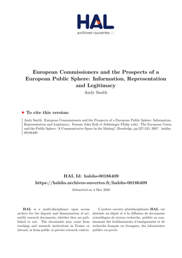 European Commissioners and the Prospects of a European Public Sphere: Information, Representation and Legitimacy Andy Smith