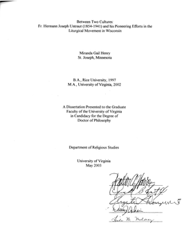 Between Two Cultures: Fr. Hermann Joseph Untraut (1854-1941) and His Pioneering Efforts in the Liturgical Movement in Wisconsin