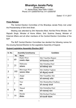 List of BJP Candidate for Gujarat Assembly Election 2017 on 17.11.2017