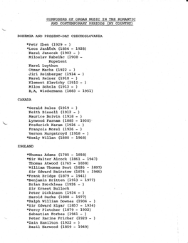 Omposers of Organ Music in the Romantic and Contemporary Periods {By Country)