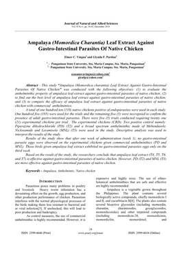 Ampalaya (Momordica Charantia) Leaf Extract Against Gastro-Intestinal Parasites of Native Chicken