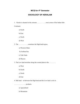 MCQ for 4Th Semester SOCIOLOGY of KERALAM