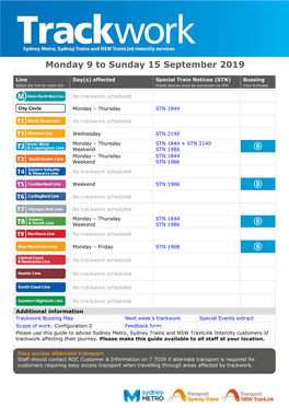 Monday 9 to Sunday 15 September 2019