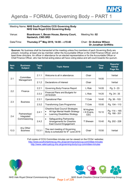 Agenda – FORMAL Governing Body – PART 1