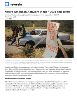 Native American Activism in the 1960S and 1970S by Native American Almanac (Visible Ink Press), Adapted by Newsela Staff on 10.31.17 Word Count 1,092 Level 1220L