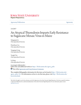 An Atypical Thioredoxin Imparts Early Resistance to Sugarcane Mosaic Virus in Maize Qingqing Liu China Agricultural University