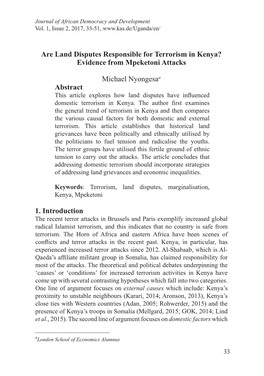 Are Land Disputes Responsible for Terrorism in Kenya? Evidence from Mpeketoni Attacks Michael Nyongesaa Abstract 1. Introduction