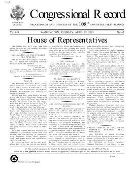 Congressional Record United States Th of America PROCEEDINGS and DEBATES of the 108 CONGRESS, FIRST SESSION