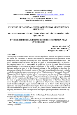 Function of National Cosmonyms in Abay Kunanbayev's Aphorisms Abay Kunanbayev'in Vecizelerinde Milli Kozmonimlerin Iş