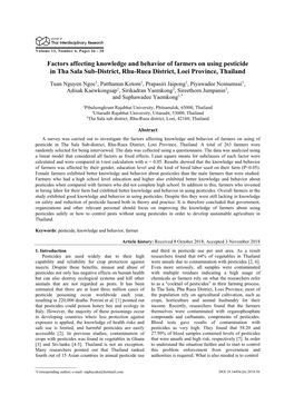 Factors Affecting Knowledge and Behavior of Farmers on Using Pesticide in Tha Sala Sub-District, Rhu-Ruea District, Loei Province, Thailand