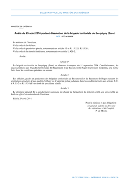 Arrêté Du 29 Août 2014 Portant Dissolution De La Brigade Territoriale