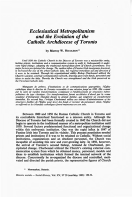 Ecclesiastical M Etropolitanism and the Evolution of the Catholic Archdiocese of Toronto
