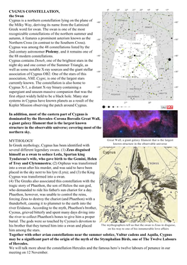CYGNUS CONSTELLATION, the Swan Cygnus Is a Northern Constellation Lying on the Plane of the Milky Way, Deriving Its Name from the Latinized Greek Word for Swan