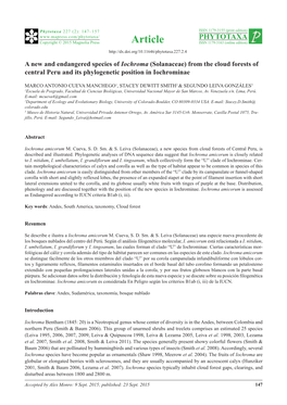 A New and Endangered Species of Iochroma (Solanaceae) from the Cloud Forests of Central Peru and Its Phylogenetic Position in Iochrominae