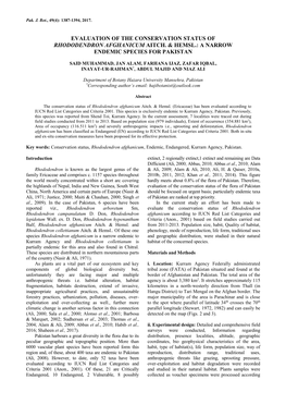 Evaluation of the Conservation Status of Rhododendron Afghanicum Aitch