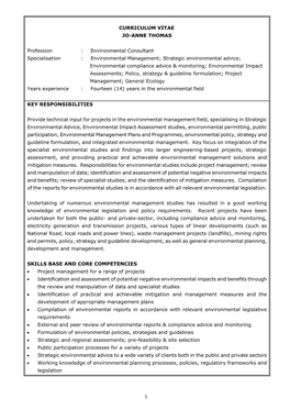 CURRICULUM VITAE JO-ANNE THOMAS Profession : Environmental Consultant