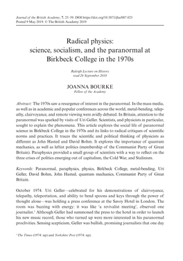 Radical Physics: Science, Socialism, and the Paranormal at Birkbeck College in the 1970S