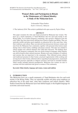 Women's Roles and Participation in Rituals in the Maintenance of Cultural Identity: a Study of the Malaysian Iyers DOI 10.7603