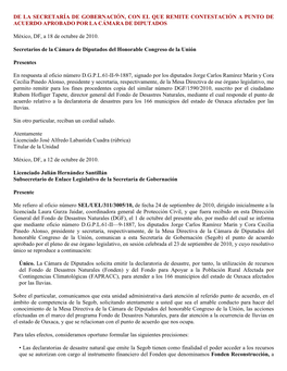 De La Secretaría De Gobernación, Con El Que Remite Contestación a Punto De Acuerdo Aprobado Por La Cámara De Diputados