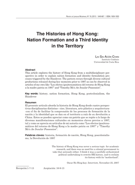 The Histories of Hong Kong: Nation Formation and a Third Identity in the Territory