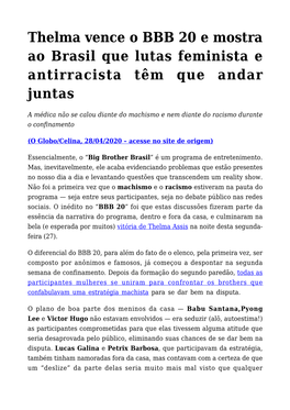 Thelma Vence O BBB 20 E Mostra Ao Brasil Que Lutas Feminista E Antirracista Têm Que Andar Juntas