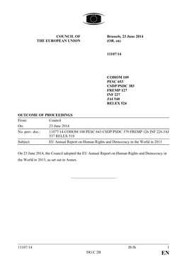 On 23 June 2014, the Council Adopted the EU Annual Report on Human Rights and Democracy in the World in 2013, As Set out in Annex