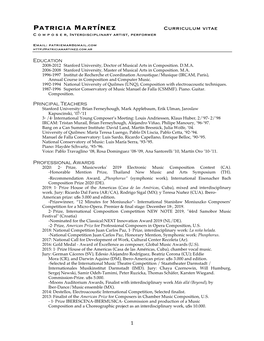 Patricia Martínez Curriculum Vitae C O M P O S E R, Interdisciplinary Artist, Performer
