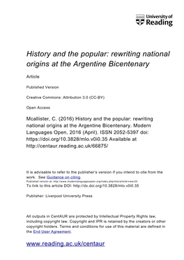 History and the Popular: Rewriting National Origins at the Argentine Bicentenary