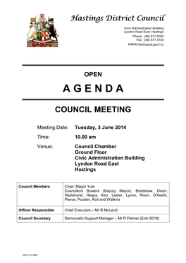 3 June 2014 Time: 10.00 Am Venue: Council Chamber Ground Floor Civic Administration Building Lyndon Road East Hastings