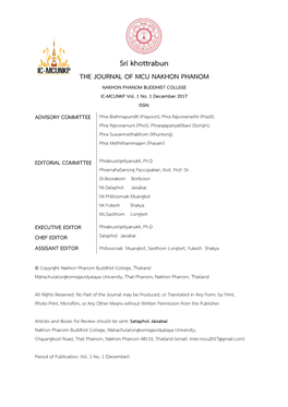 Sri Khottrabun the JOURNAL of MCU NAKHON PHANOM NAKHON PHANOM BUDDHIST COLLEGE IC-MCUNKP Vol