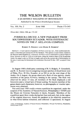 Pyrrhura Orcesi, a New Parakeet from Southwestern Ecuador, with Systematic Notes on the P