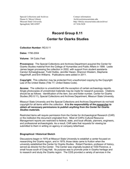 Record Group 8.11 Center for Ozarks Studies