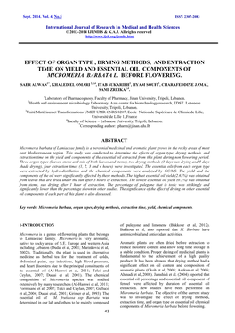 Effect of Organ Type , Drying Methods, and Extraction Time on Yield and Essential Oil Components of Micromeria Barbata L