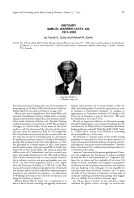 OBITUARY SAMUEL WARREN CAREY, AO, 1911-2002 by Patrick G