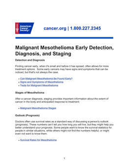 Malignant Mesothelioma Early Detection, Diagnosis, and Staging Detection and Diagnosis