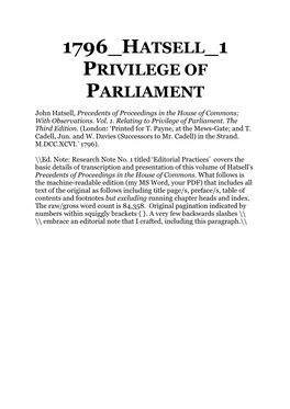 1796 Hatsell 1 Privilege of Parliament
