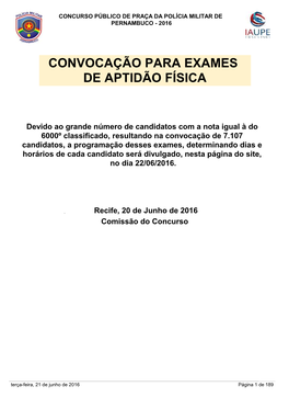 Convocação Para Exames De Aptidão Física