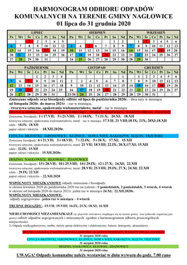 HARMONOGRAM ODBIORU ODPADÓW KOMUNALNYCH NA TERENIE GMINY NAGŁOWICE 01 Lipca Do 31 Grudnia 2020