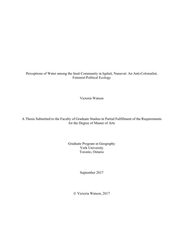 Perceptions of Water Among the Inuit Community in Iqaluit, Nunavut: an Anti-Colonialist, Feminist Political Ecology