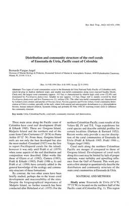 Distribution and Community Structure of the Reef Corals of Ensenada De Utría, Pacitic Coast of Colombia Bernardo Vargas-Angel