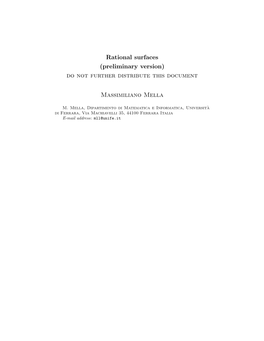 Rational Surfaces (Preliminary Version) Do Not Further Distribute This Document